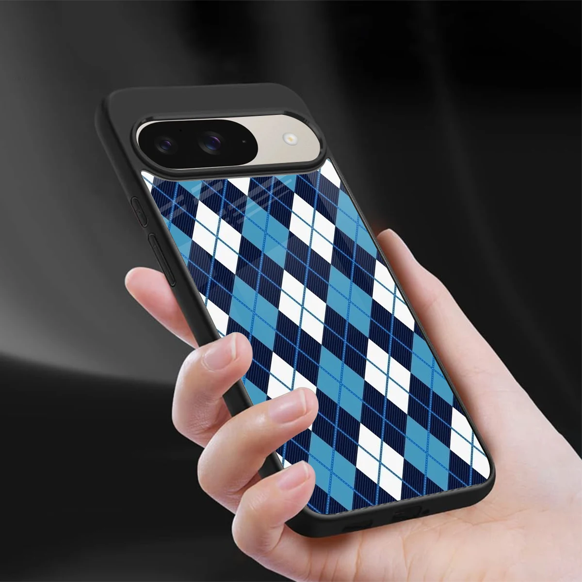 Argyle Blue sleek google pixel 9 cover with tempered glass back and TPU edges