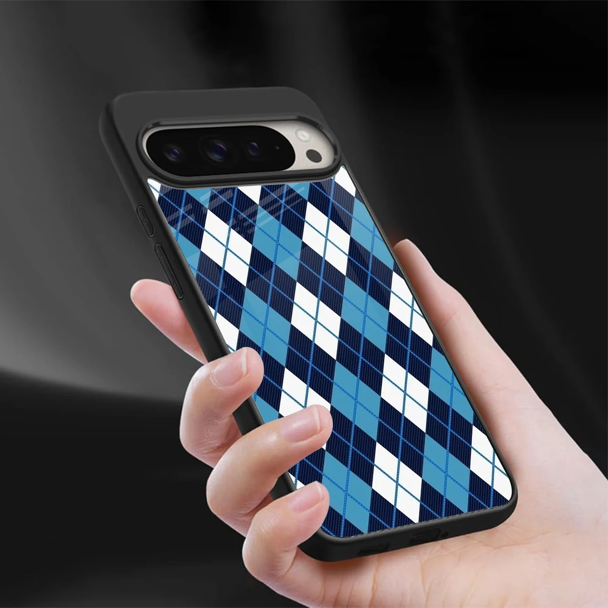 Argyle Blue sleek google pixel 9 pro xl cover with tempered glass back and TPU edges