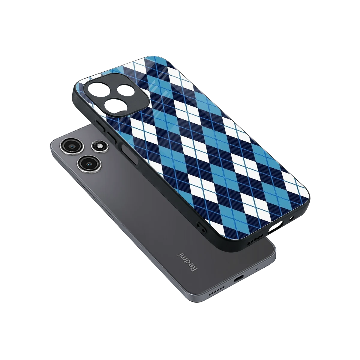 Argyle Blue sleek redmi 12 5g cover with tempered glass back and TPU edges