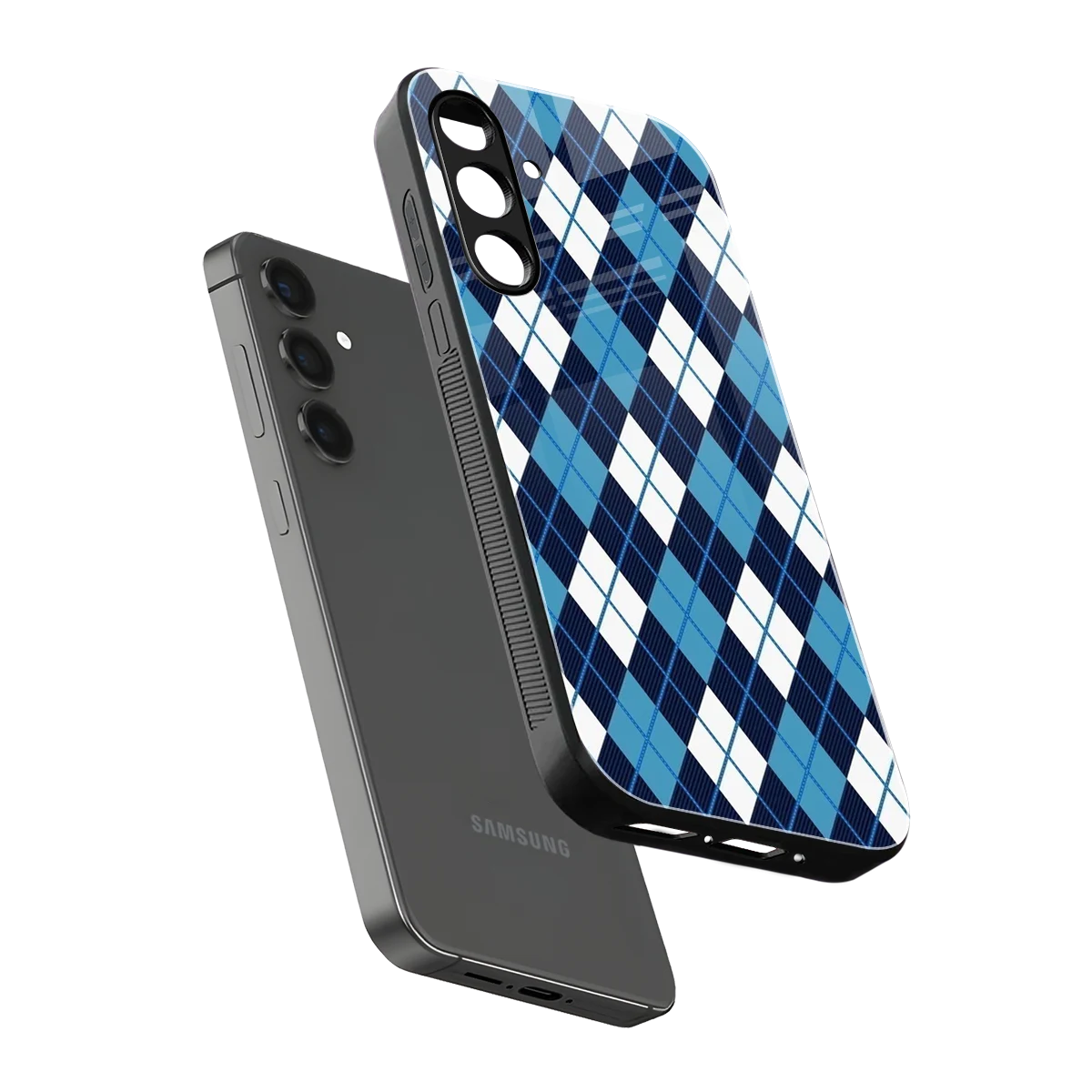 Argyle Blue sleek samsung galaxy m35 5g cover with tempered glass back and TPU edges