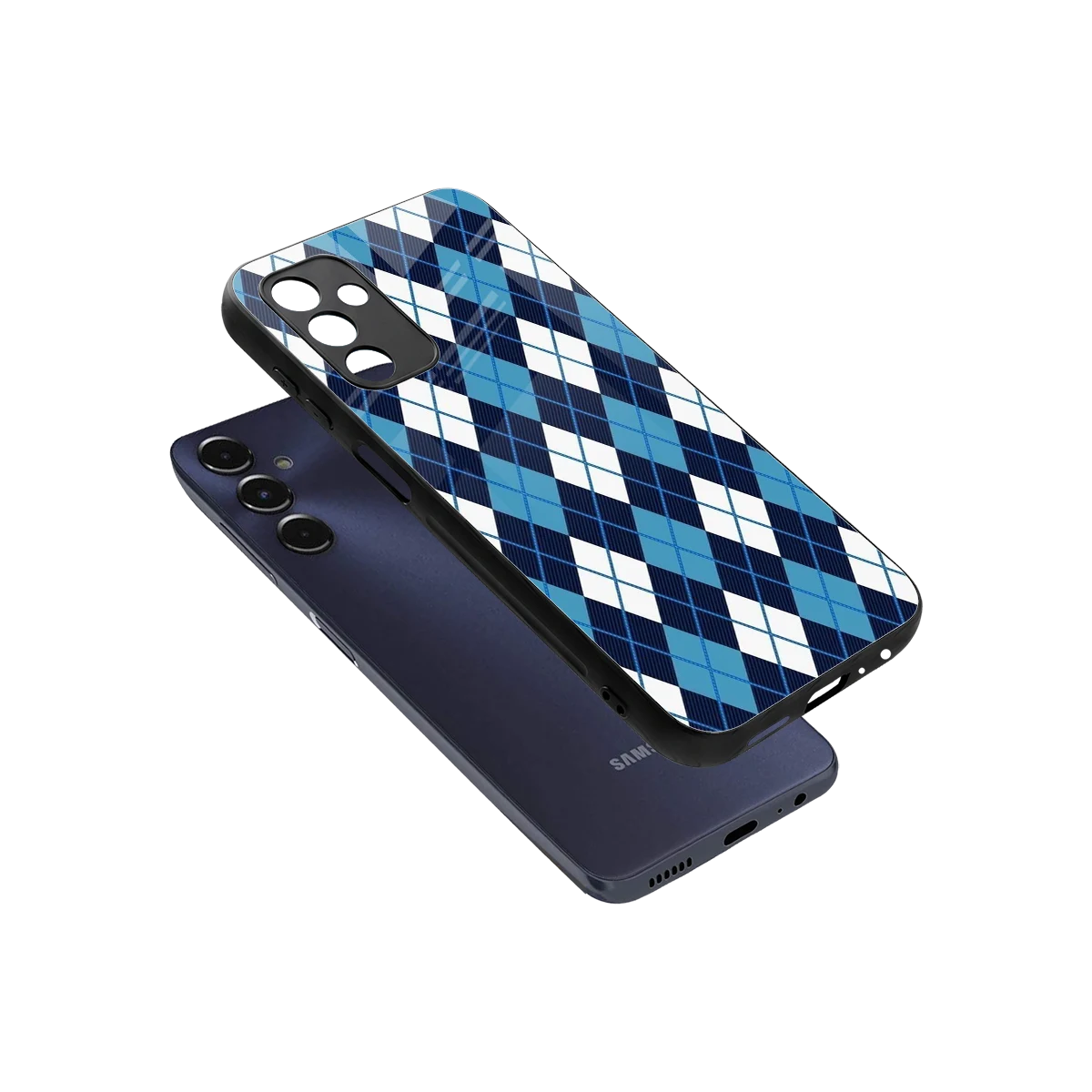 Argyle Blue sleek samsung galaxy m14 5g cover with tempered glass back and TPU edges