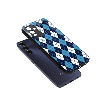 Argyle Blue sleek samsung galaxy m14 5g cover with tempered glass back and TPU edges