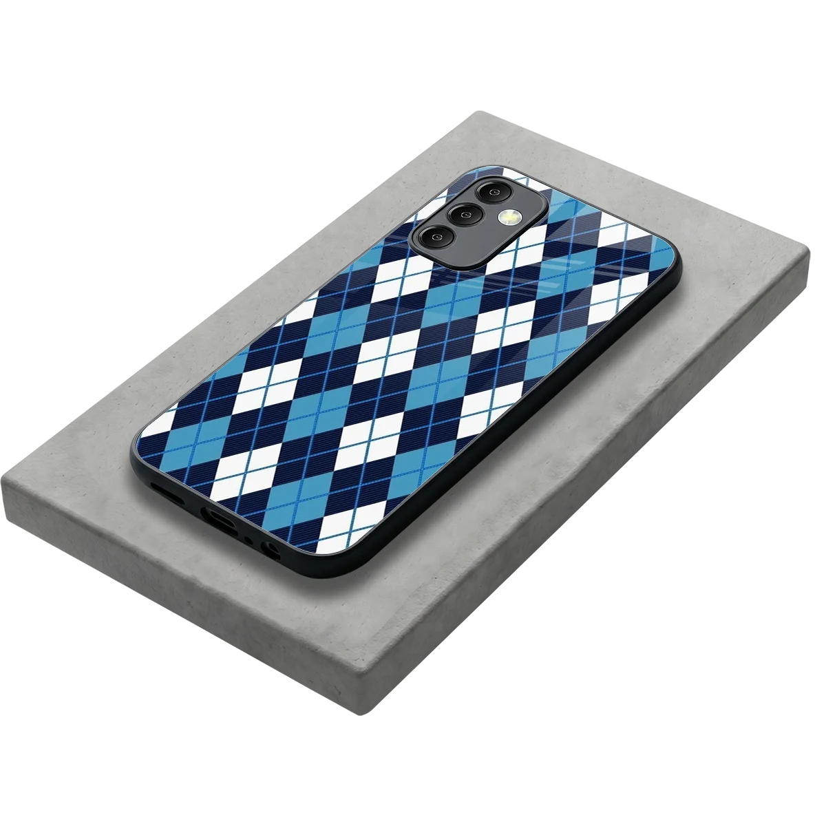 Argyle Blue stylish phone case for samsung galaxy m14 5g | glossy glass and slim fit