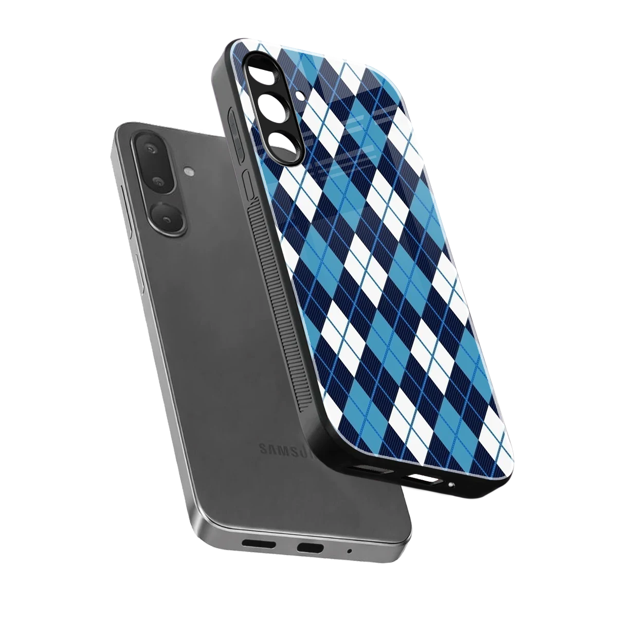Argyle Blue sleek samsung galaxy m56 5g cover with tempered glass back and TPU edges
