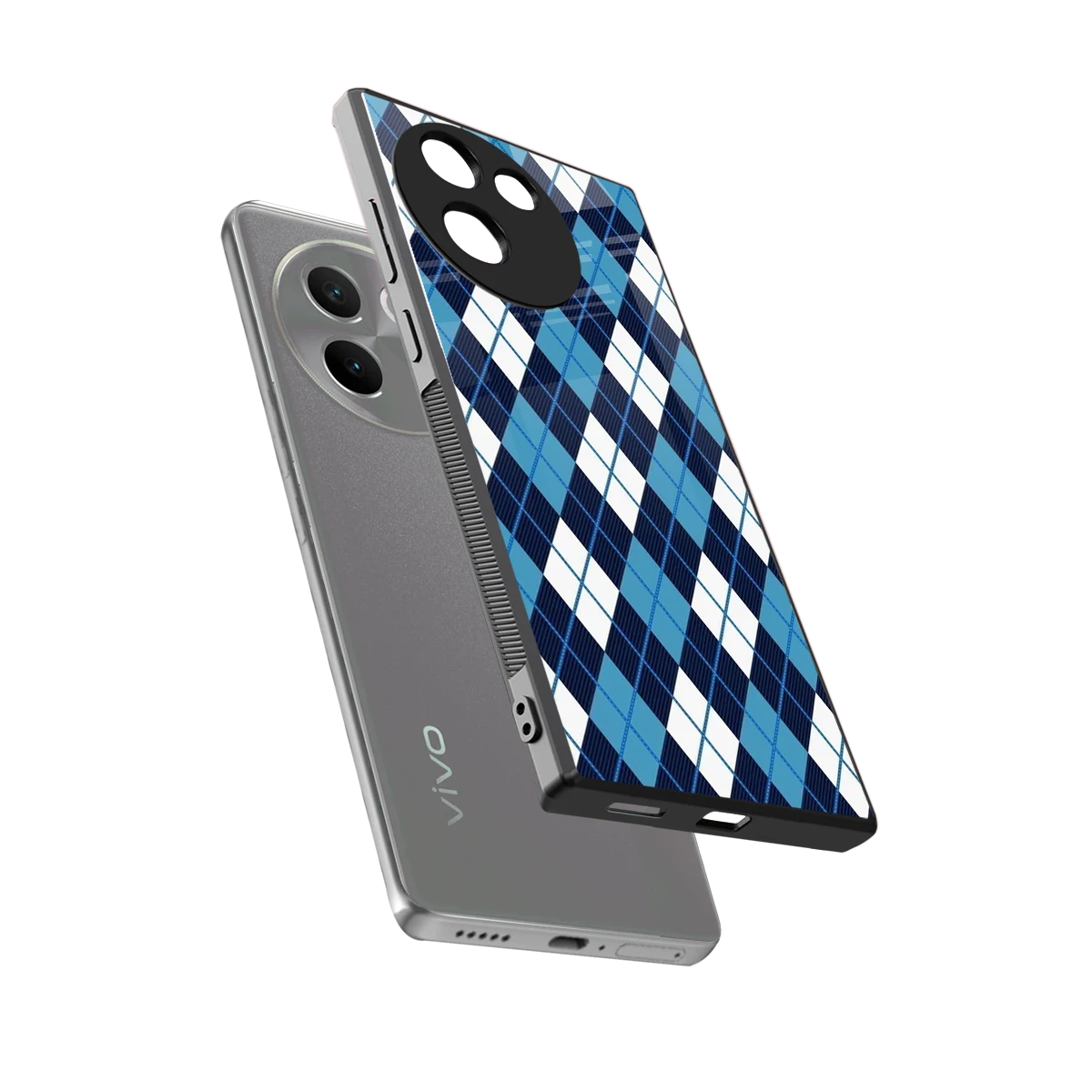 Argyle Blue sleek vivo v30e cover with tempered glass back and TPU edges