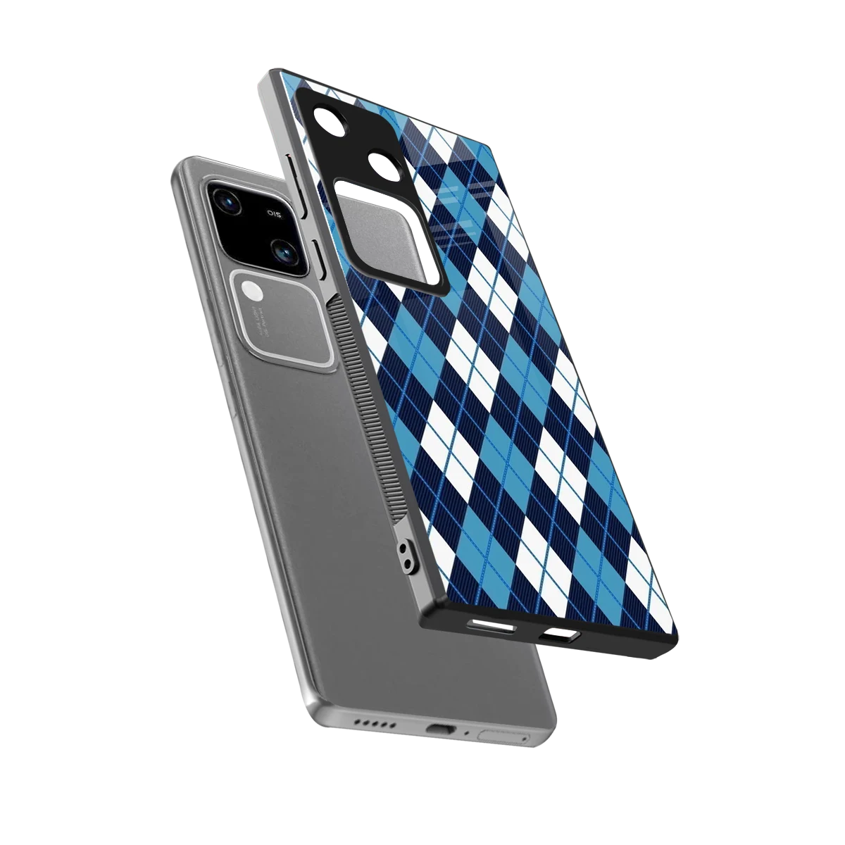 Argyle Blue sleek vivo v30 cover with tempered glass back and TPU edges