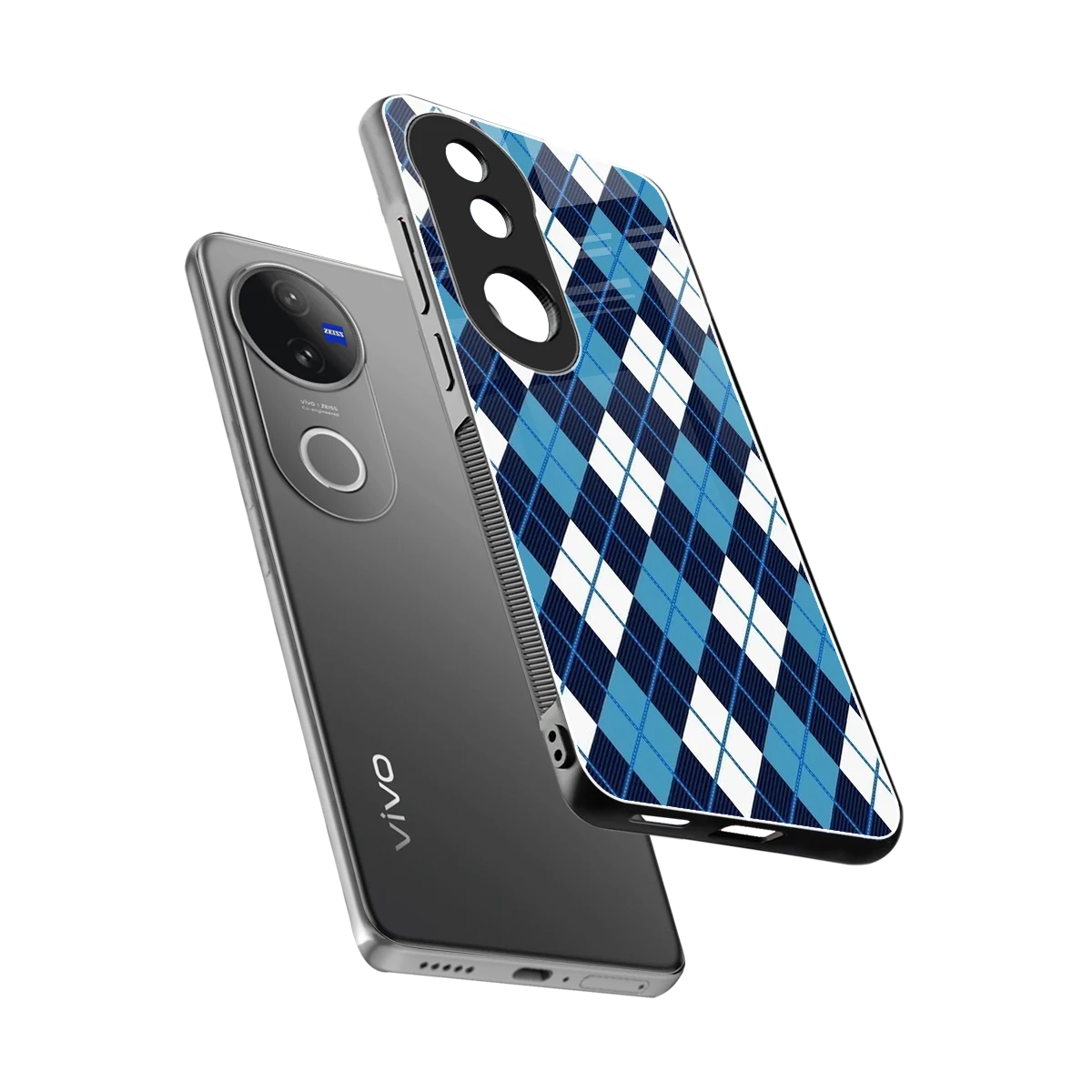 Argyle Blue sleek vivo v50 cover with tempered glass back and TPU edges
