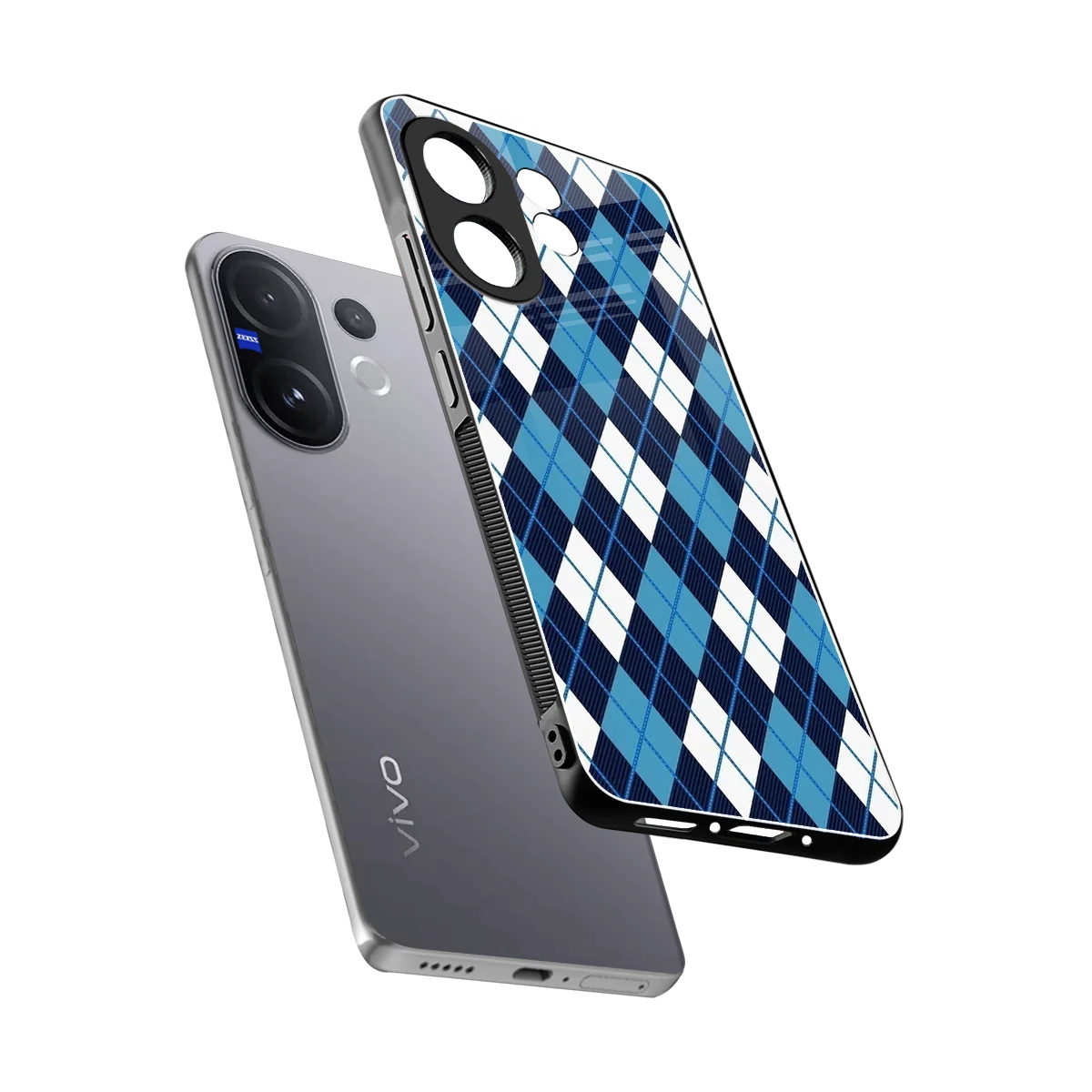 Argyle Blue sleek vivo v60 cover with tempered glass back and TPU edges