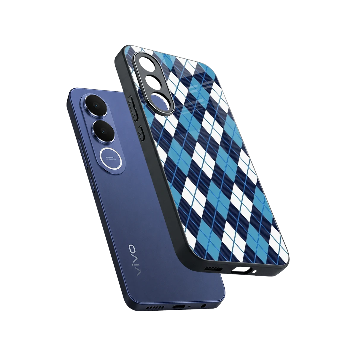 Argyle Blue sleek vivo v70 fe cover with tempered glass back and TPU edges