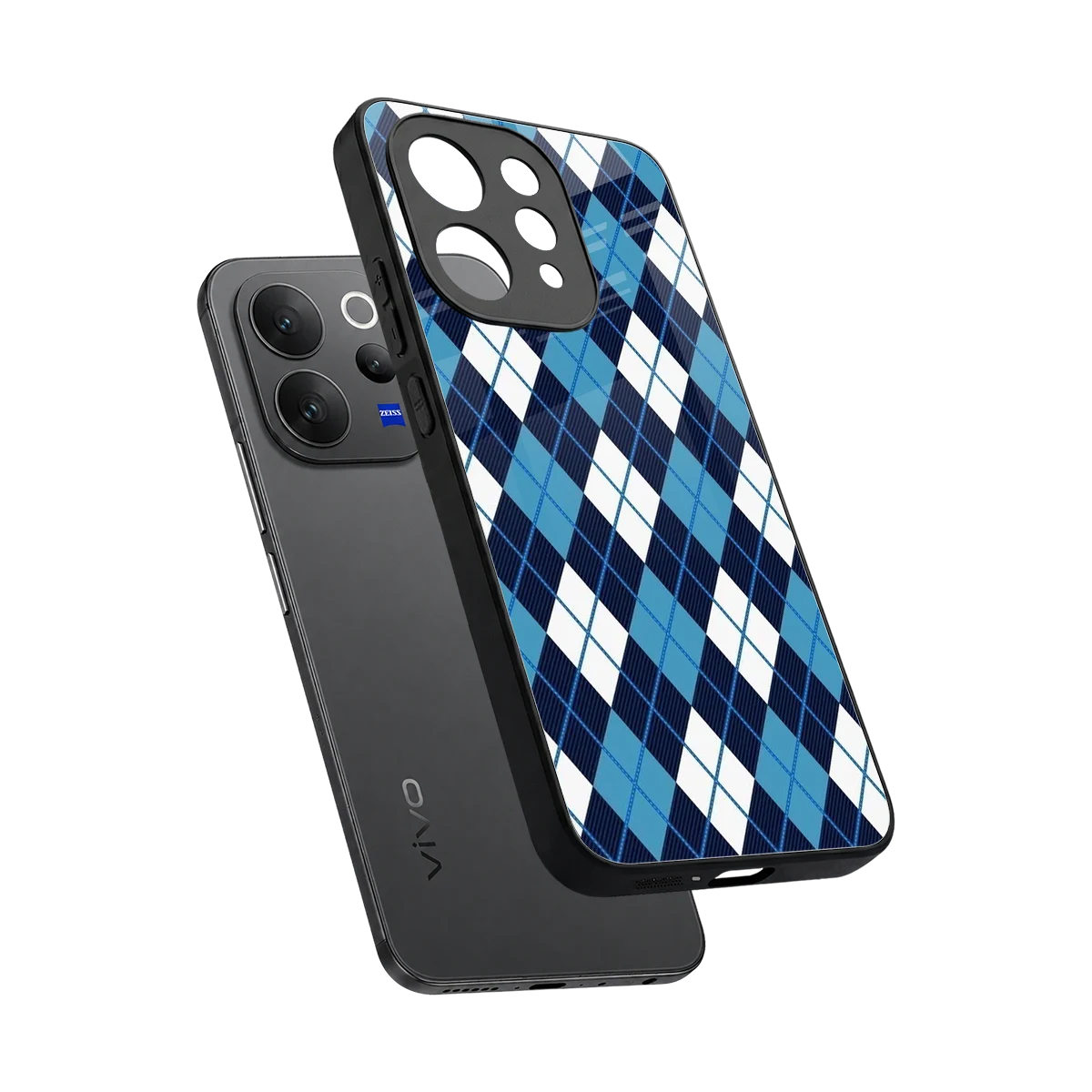 Argyle Blue sleek vivo v70 cover with tempered glass back and TPU edges