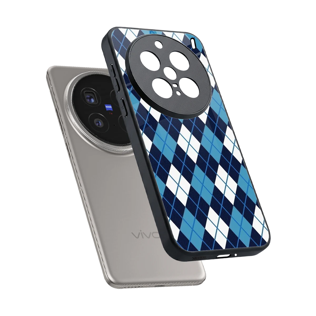 Argyle Blue sleek vivo x200 pro cover with tempered glass back and TPU edges