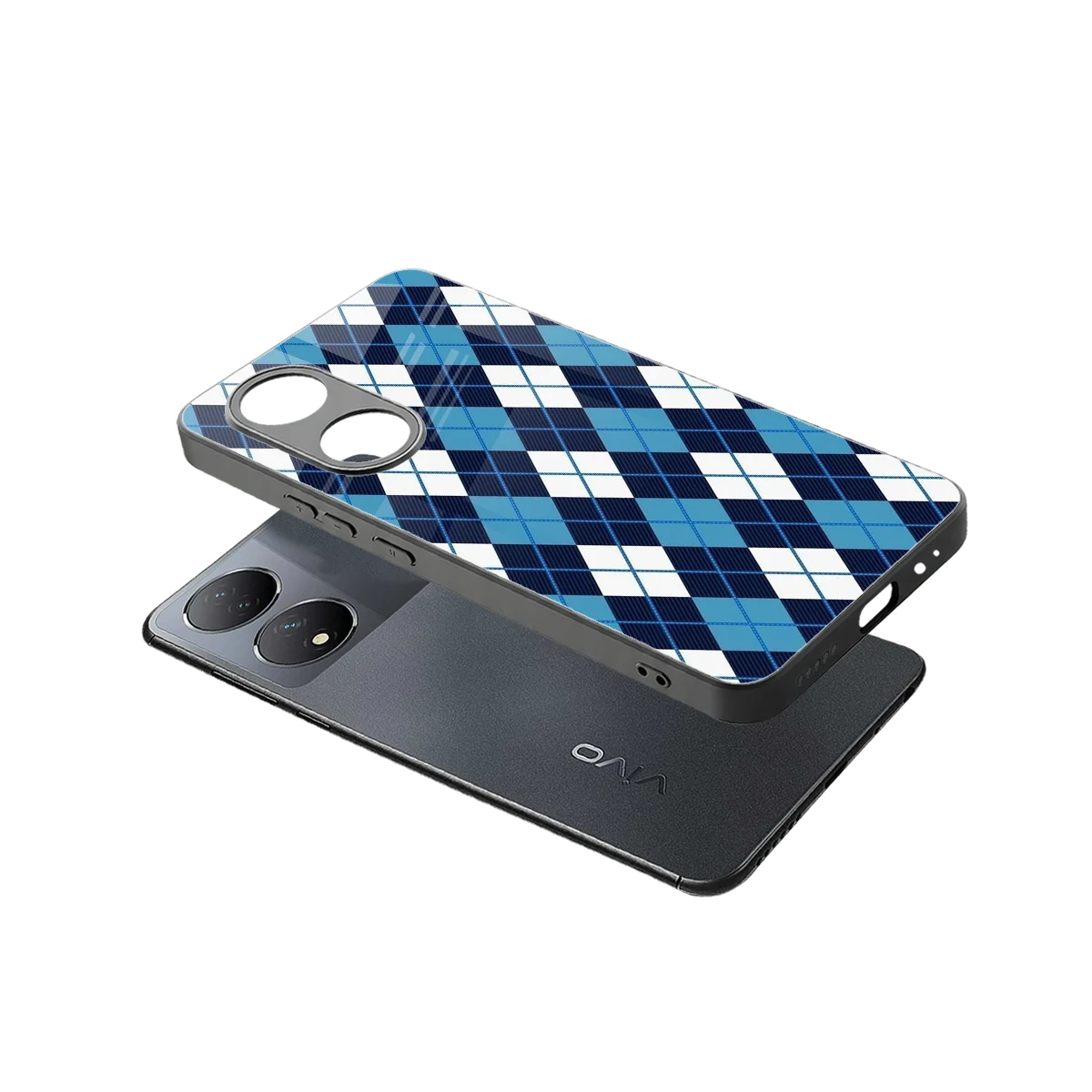 Argyle Blue sleek Vivo-y100 cover with tempered glass back and TPU edges