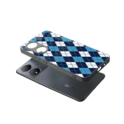Argyle Blue sleek Vivo-y100 cover with tempered glass back and TPU edges