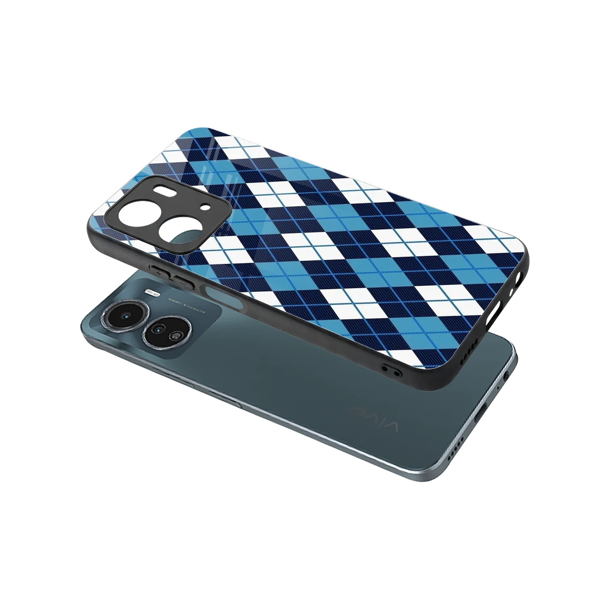 Argyle Blue sleek vivo y16 cover with tempered glass back and TPU edges