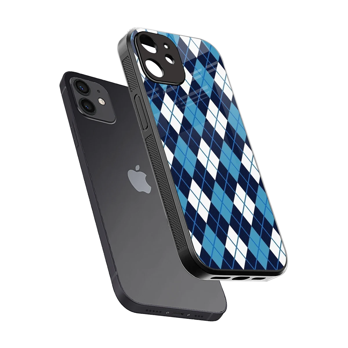 Argyle Blue sleek iphone 12 cover with tempered glass back and TPU edges