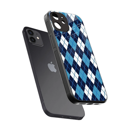 Argyle Blue sleek iphone 12 cover with tempered glass back and TPU edges