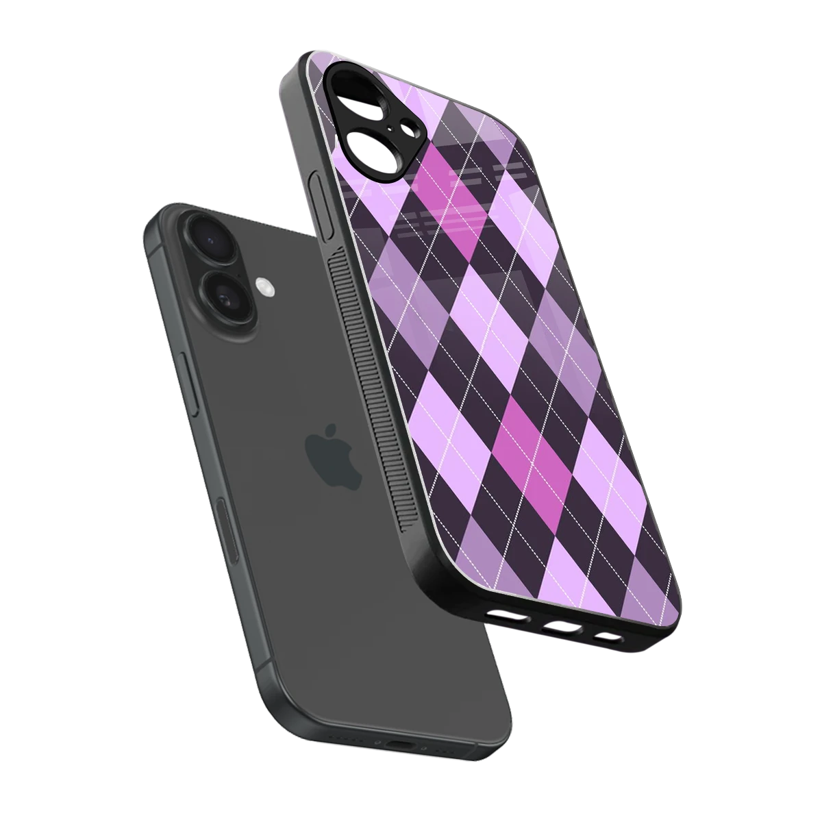 Argyle Purple sleek iPhone 16 cover with tempered glass back and TPU edges