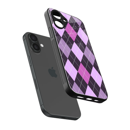 Argyle Purple sleek iPhone 16 cover with tempered glass back and TPU edges