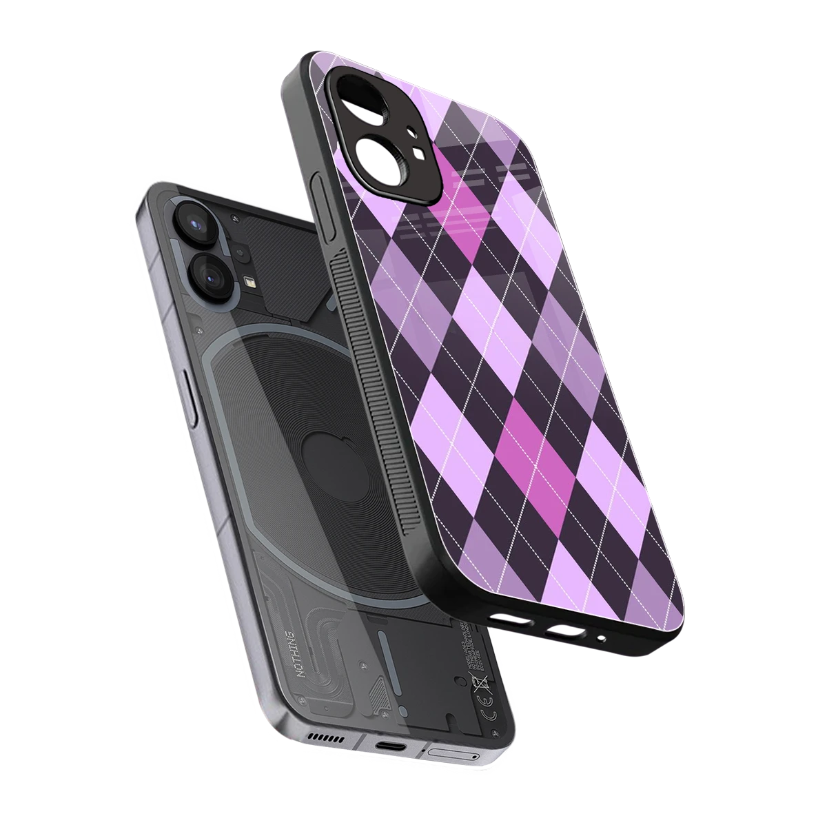 Argyle Purple sleek nothing phone 1 cover with tempered glass back and TPU edges