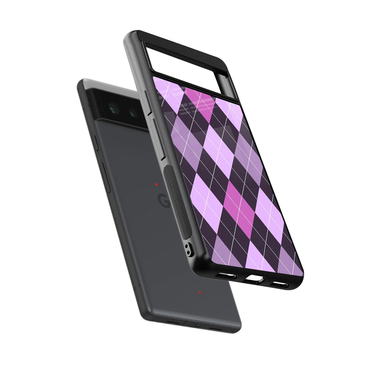 Argyle Purple sleek google pixel 6a cover with tempered glass back and TPU edges