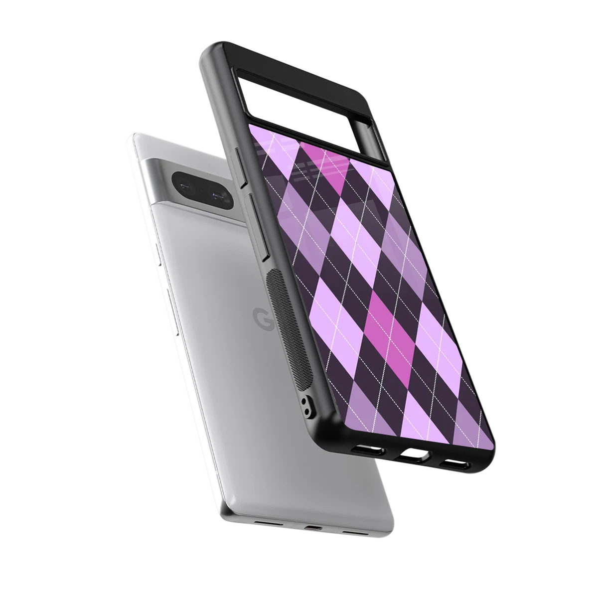 Argyle Purple sleek google pixel 7a cover with tempered glass back and TPU edges