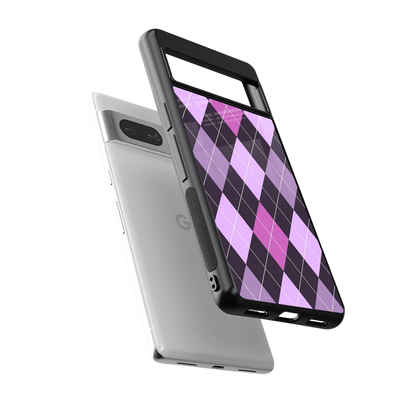 Argyle Purple sleek google pixel 7a cover with tempered glass back and TPU edges