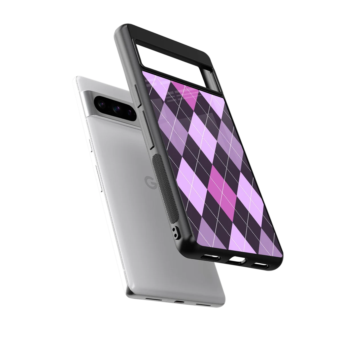 Argyle Purple sleek google pixel 8 pro cover with tempered glass back and TPU edges