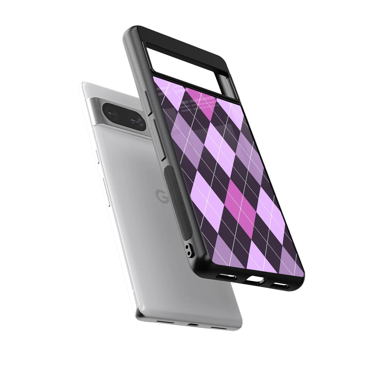 Argyle Purple sleek google pixel 8 cover with tempered glass back and TPU edges
