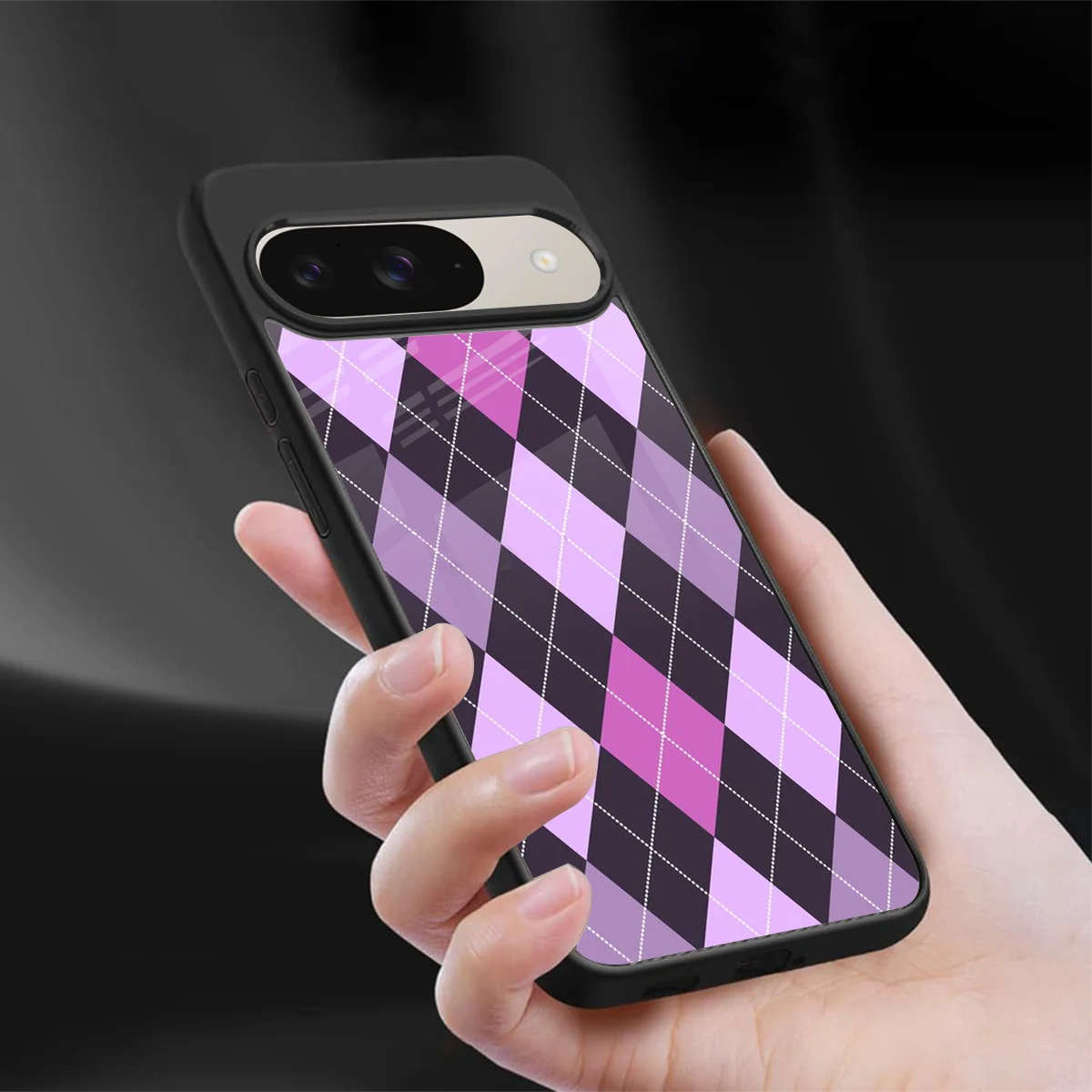 Argyle Purple sleek google pixel 9 cover with tempered glass back and TPU edges