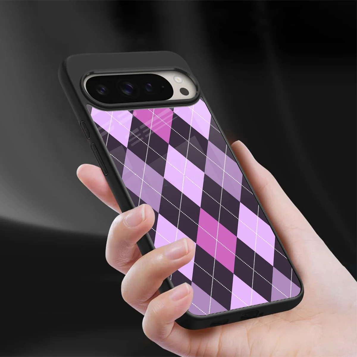 Argyle Purple sleek google pixel 9 pro cover with tempered glass back and TPU edges