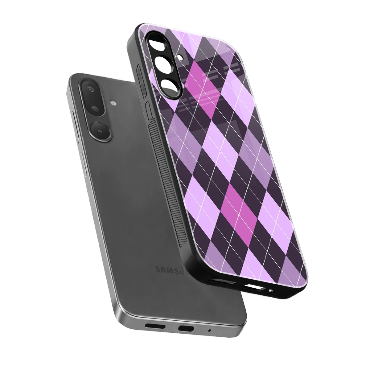 Argyle Purple sleek samsung galaxy m36 5g cover with tempered glass back and TPU edges