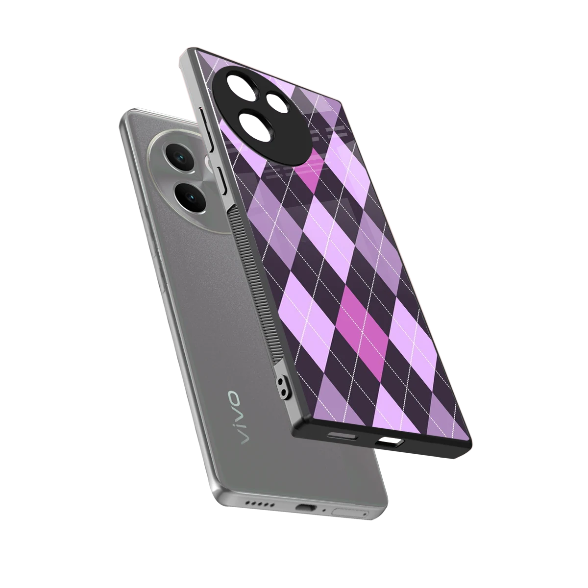 Argyle Purple sleek vivo v30e cover with tempered glass back and TPU edges
