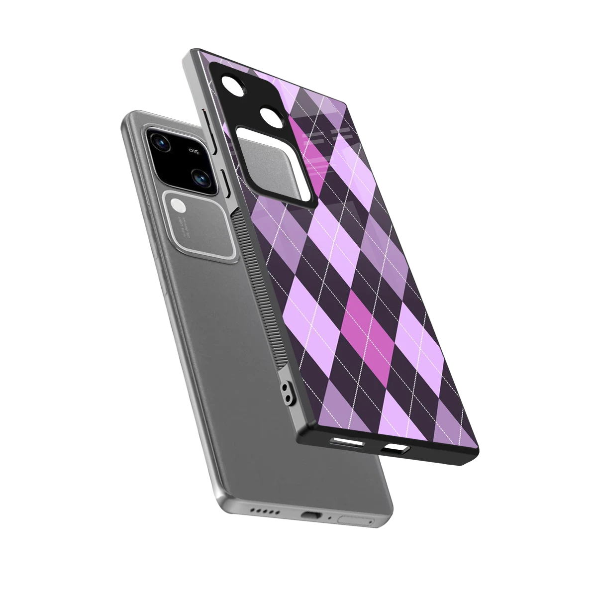 Argyle Purple sleek vivo v30 cover with tempered glass back and TPU edges