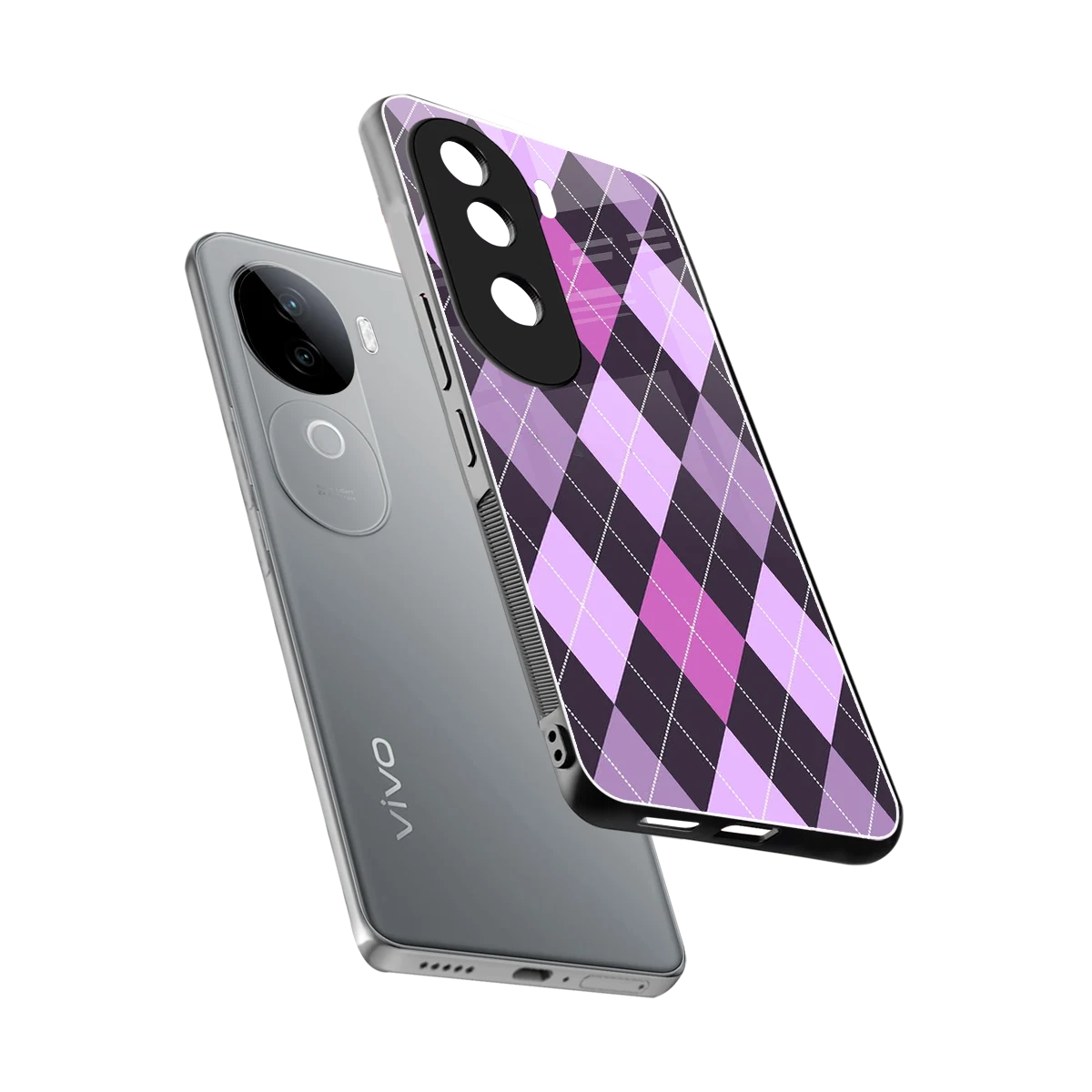 Argyle Purple sleek vivo v40e cover with tempered glass back and TPU edges