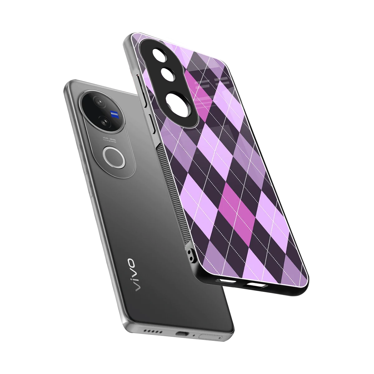 Argyle Purple sleek vivo v50 cover with tempered glass back and TPU edges
