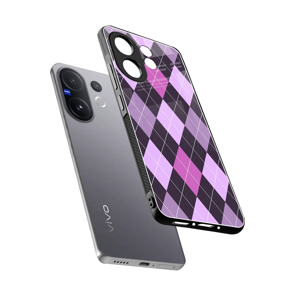 Argyle Purple sleek vivo v60 cover with tempered glass back and TPU edges
