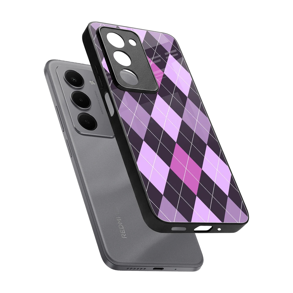 Argyle Purple sleek redmi 15 5g cover with tempered glass back and TPU edges