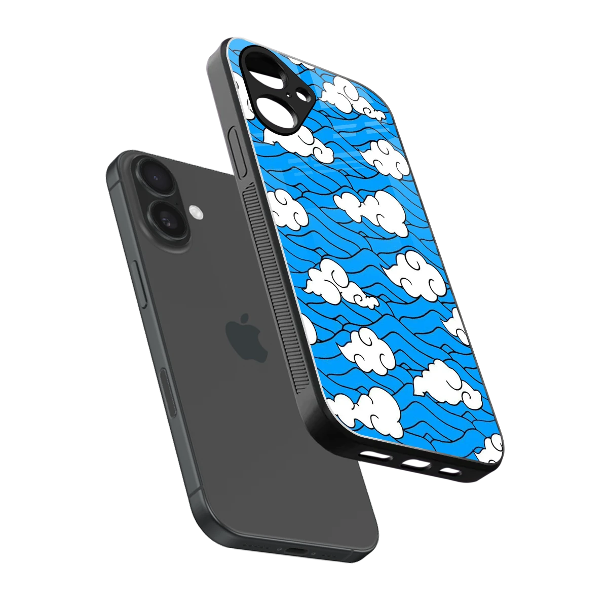 Azure Dreams sleek iPhone 16 cover with tempered glass back and TPU edges