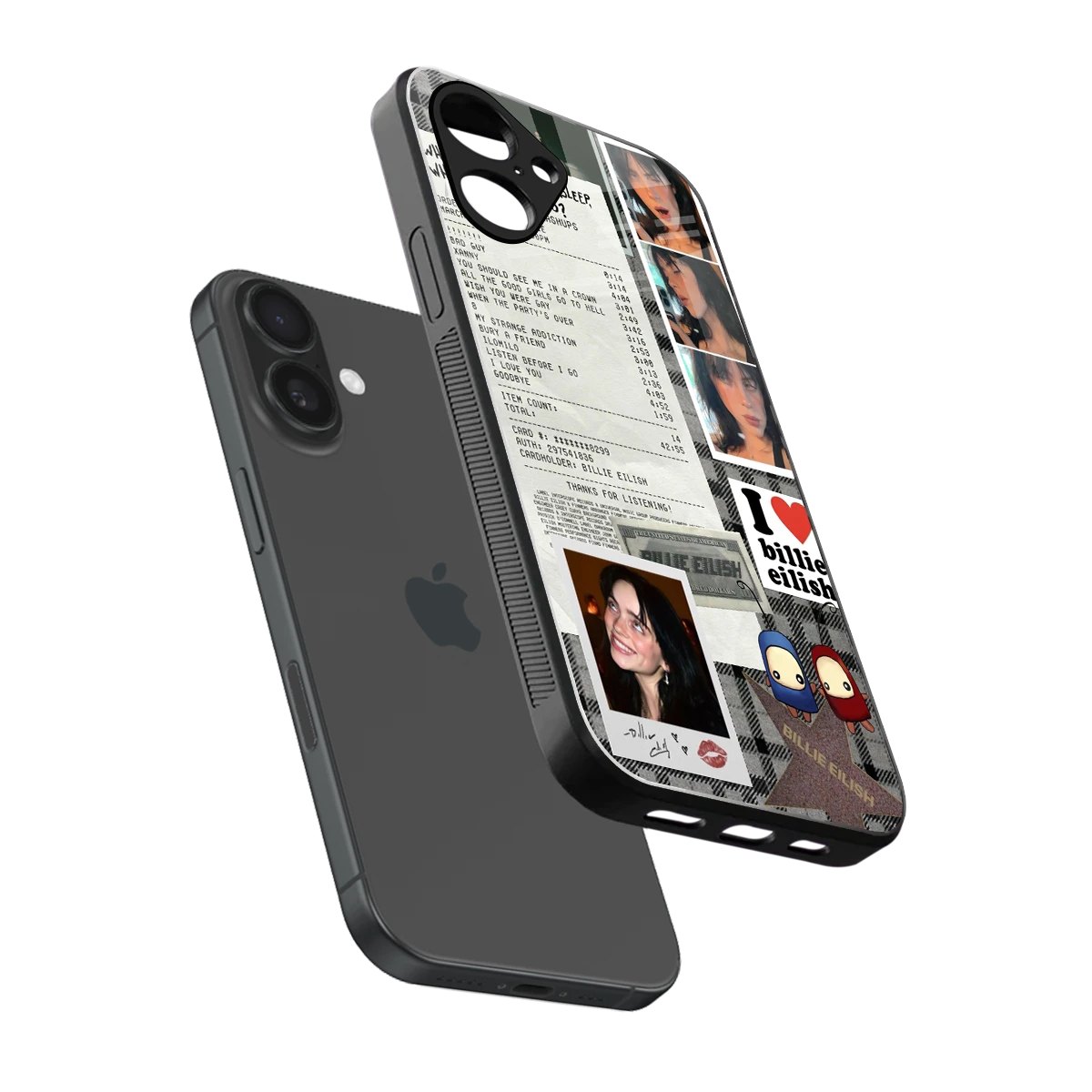 Billie Eilish sleek iPhone 16 cover with tempered glass back and TPU edges