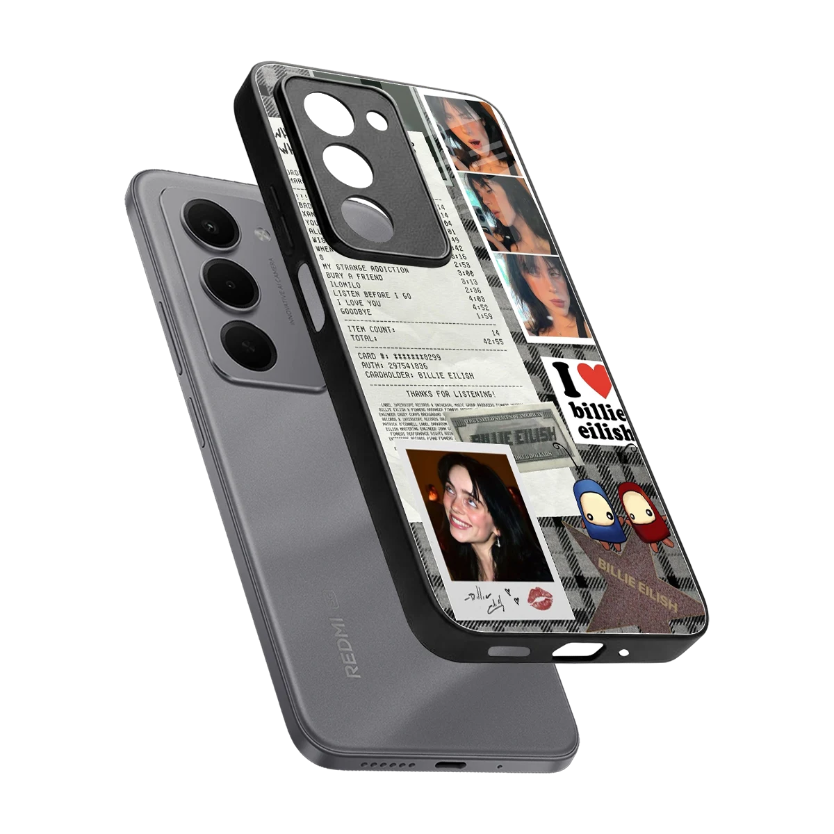 Billie Eilish sleek redmi 15 5g cover with tempered glass back and TPU edges