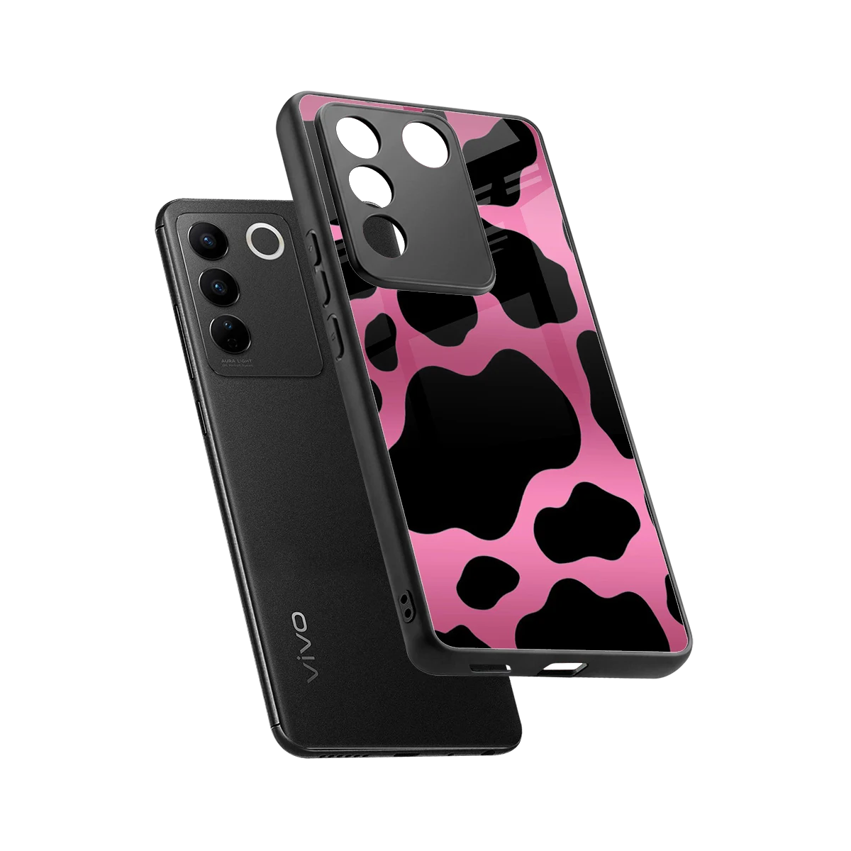 Black Pink Swirl sleek vivo v27 5g cover with tempered glass back and TPU edges