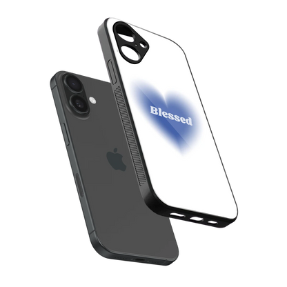 Blessed sleek iPhone 16 cover with tempered glass back and TPU edges