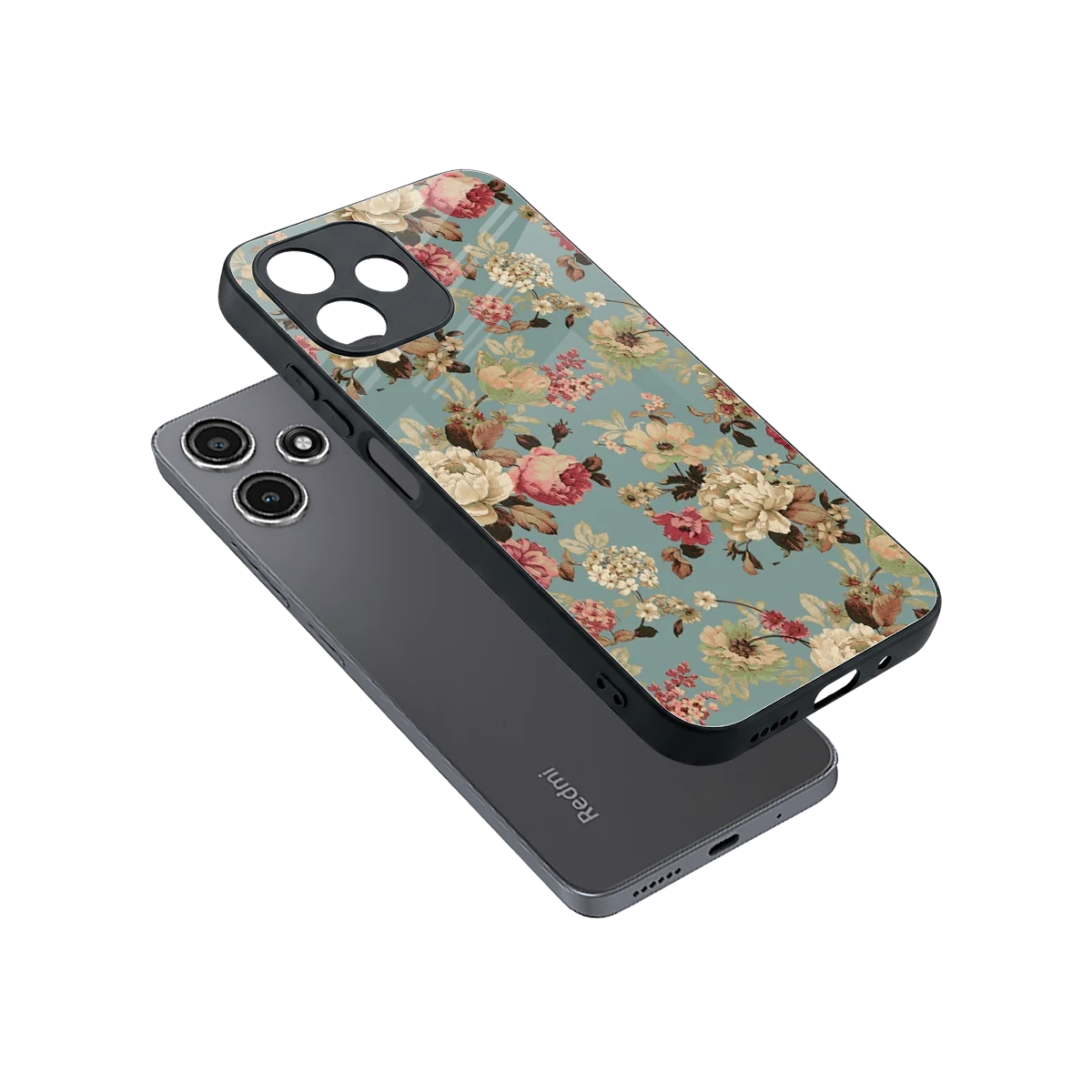 Bloom Bliss sleek redmi 12 5g cover with tempered glass back and TPU edges
