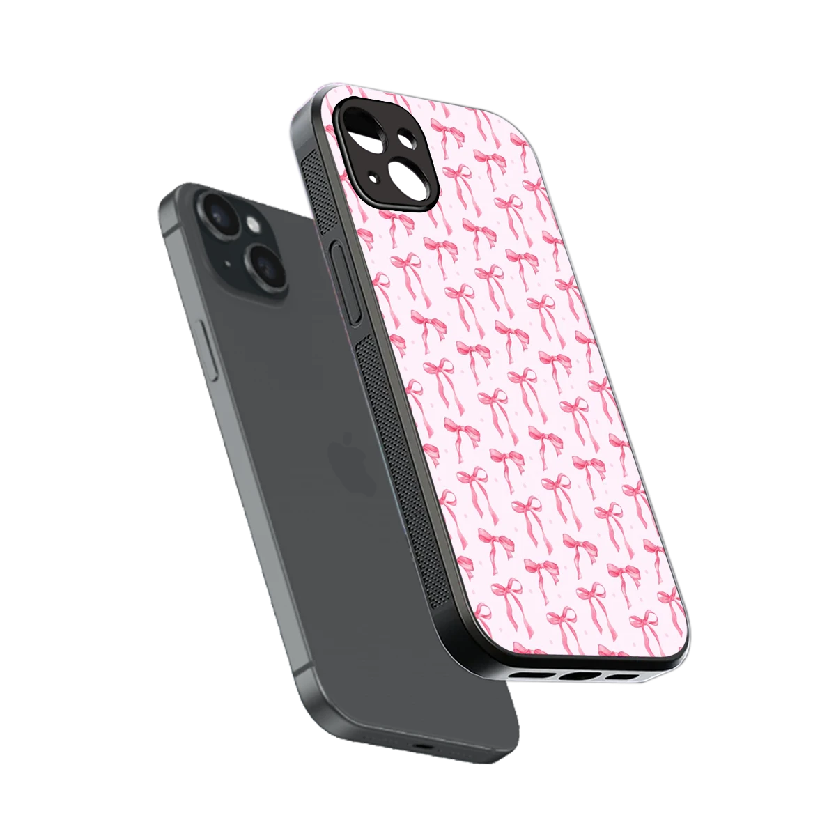 Bow Pink sleek iphone 14 plus cover with tempered glass back and TPU edges
