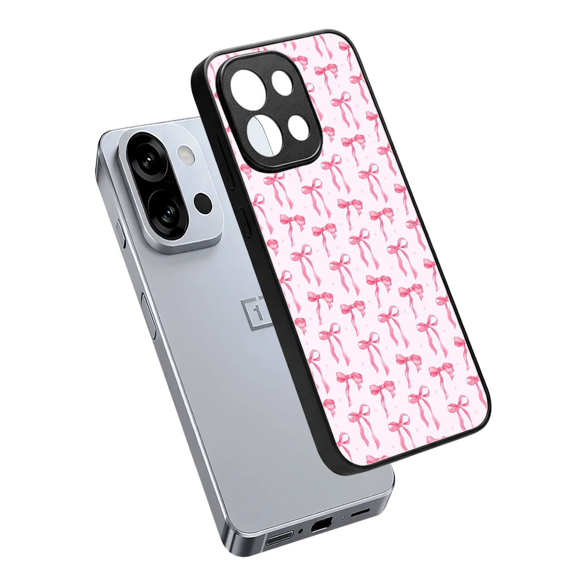 Bow Pink sleek oneplus 13s cover with tempered glass back and TPU edges