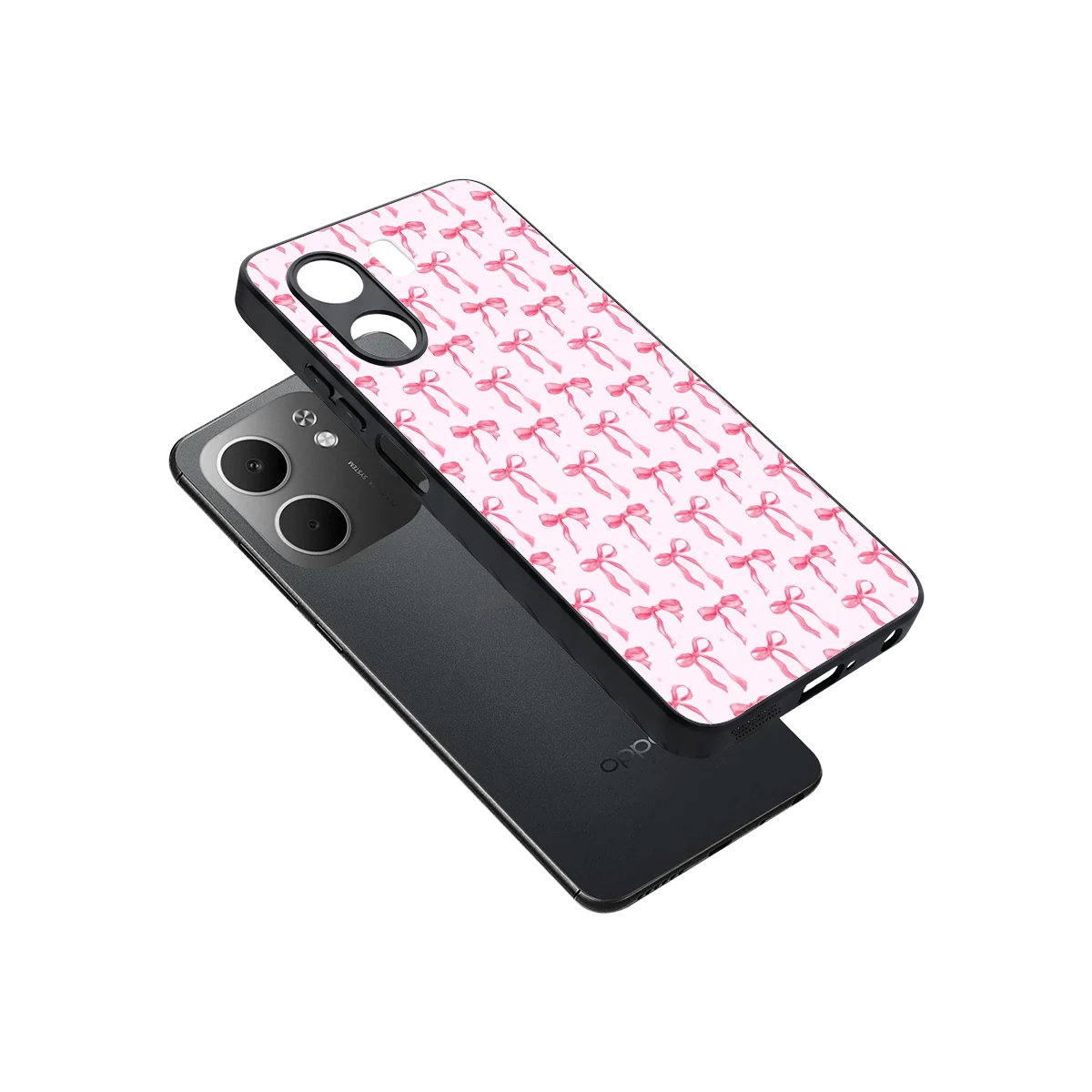 Bow Pink sleek oppo a5x 5g cover with tempered glass back and TPU edges