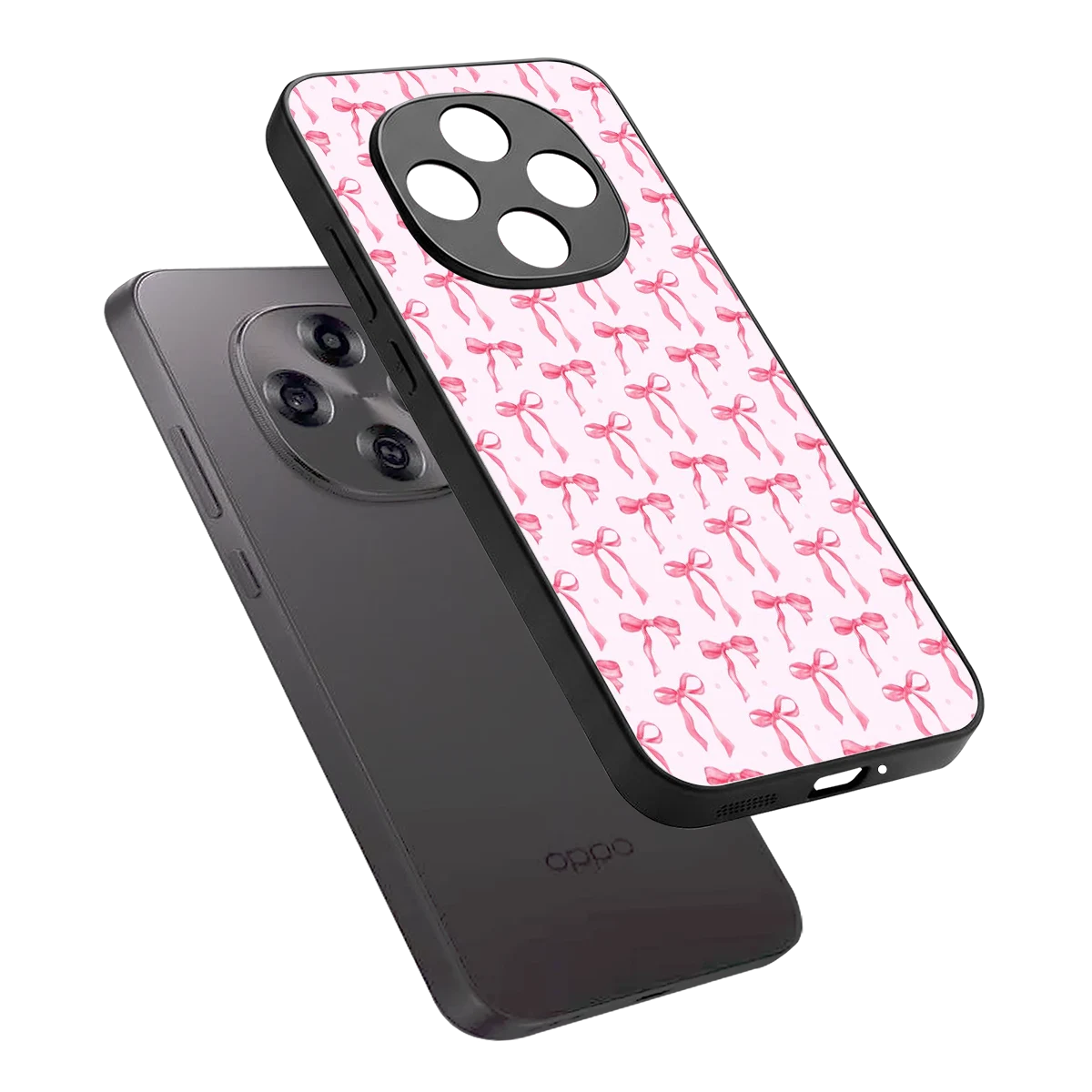 Bow Pink sleek oppo f31 pro 5g cover with tempered glass back and TPU edges