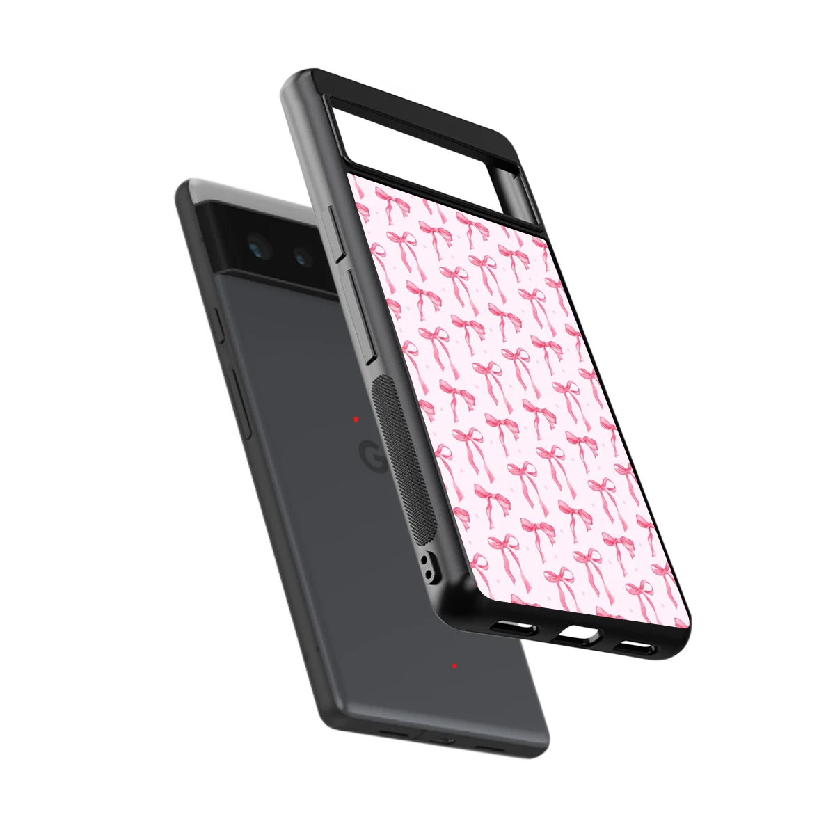Bow Pink sleek google pixel 6a cover with tempered glass back and TPU edges