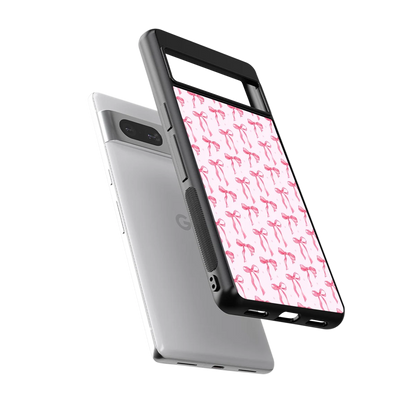 Bow Pink sleek google pixel 7a cover with tempered glass back and TPU edges