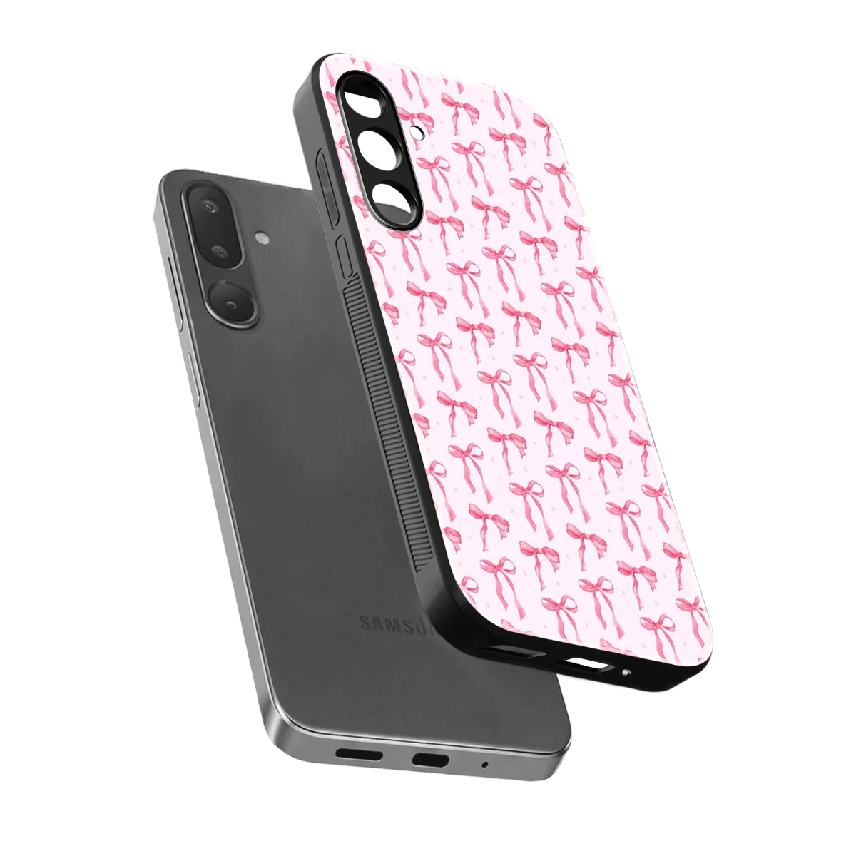 Bow Pink sleek samsung galaxy m56 5g cover with tempered glass back and TPU edges